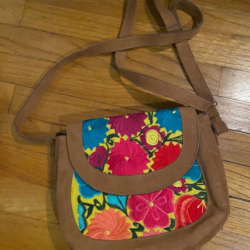 Vibrant Floral Embroidered Tan Crossbody Bag